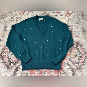 27 Miles Malibu Cashmere V-Neck Star Sweater Green - Size XS